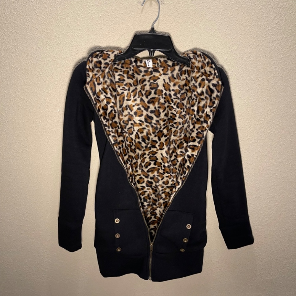 XS Furry Leopard Lined ¾ Length Zip Hoodie